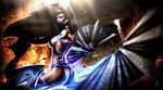  1girl armlet ass breasts bridal_gauntlets brown_hair cleavage earrings face_mask fan fighting_stance folding_fan hair_down hair_ornament highres jewelry kitana long_hair looking_at_viewer makeup mask mortal_kombat multiple_braids realistic revealing_clothes solo toned weapon 