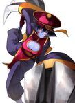  blue_hair blue_skin blush_stickers breasts chinese_clothes claws cleavage cleavage_cutout flipped_hair hat highres jiangshi large_breasts lei_lei nishiide_kengorou ofuda purple_hair short_hair smile solo vampire_(game) 