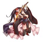  animal_ears arched_back bangle black_footwear black_hair black_legwear blush boots bow bracelet breasts cat_ears cat_tail cleavage detached_sleeves flaming_sword full_body hair_bow highres holding holding_sword holding_weapon jewelry katana kazana_(sakuto) kneeling large_breasts light_smile long_hair looking_at_viewer noihara_himari omamori_himari open_mouth panties pelvic_curtain ponytail pose purple_eyes see-through showgirl_skirt simple_background solo sword tail thighhighs underwear very_long_hair weapon white_background white_panties 