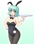  :d alternate_costume animal_ears bare_shoulders black_bow blush bow bowtie breasts bunny_ears bunnysuit cleavage commentary_request covered_navel detached_collar fake_animal_ears green_eyes green_hair hand_on_hip isaki_(gomi) komeiji_koishi looking_at_viewer open_mouth pantyhose short_hair small_breasts smile solo touhou tray wrist_cuffs 