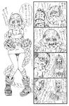  bag bbb_(friskuser) boots bra bra_strap braid breasts claws cleavage clenched_teeth comic commentary_request detached_sleeves dress glasses gloves greyscale headphones highres horn kantai_collection kneehighs knees_together_feet_apart large_breasts long_hair md5_mismatch messy_hair monochrome partially_translated power_fist seaport_hime shinkaisei-kan shouting smile strapless strapless_dress supply_depot_hime teeth translation_request underwear very_long_hair 