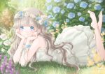  1girl bangs bare_arms barefoot blue_eyes blue_flower blue_rose blurry bokeh brick_wall commentary day depth_of_field dress english_commentary flower garden grass head_in_hand head_wreath highres hoshiibara_mato leg_lift light_blush light_brown_hair light_particles long_hair looking_at_viewer lying on_stomach original outdoors ribbon rose sleeveless sleeveless_dress smile solo sundress the_pose very_long_hair white_dress white_flower white_rose wrist_ribbon 