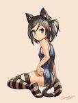  adjusting_clothes adjusting_swimsuit animal_ears ass bangs beige_background black_hair black_legwear blue_eyes blue_swimsuit blush breasts cat_ears cat_girl cat_tail from_side full_body hair_ornament hair_tie hairclip hentai_ouji_to_warawanai_neko. highres junkpuyo kemonomimi_mode looking_at_viewer looking_back no_shoes one-piece_swimsuit parted_bangs parted_lips school_swimsuit short_hair signature sitting skindentation small_breasts solo swept_bangs swimsuit tail tail_through_clothes thighhighs thighs tsutsukakushi_tsukiko wariza white_legwear 