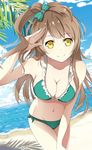  bare_shoulders beach bikini breasts brown_hair cleavage female guanghe_zuoyong_de_de_yezi leaning_forward long_hair looking_at_viewer love_live!_school_idol_project minami_kotori navel ribbon side_tail sky smile solo standing swimsuit water yellow_eyes 