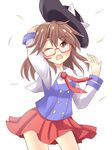  ;o aki_chimaki brown_hair glasses hat hat_removed headwear_removed highres one_eye_closed red-framed_eyewear shirt skirt solo touhou usami_sumireko vest wind 