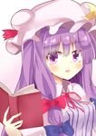  aki_chimaki bangs blunt_bangs book bow hair_bow hat highres long_hair mob_cap patchouli_knowledge purple_eyes purple_hair solo touhou 