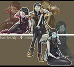  black_hair blue_eyes character_name commentary_request crossed_legs kantai_collection long_hair looking_at_viewer ma2da multicolored_hair multiple_girls pants red_eyes ru-class_battleship shinkaisei-kan sitting sleeveless smile two-tone_hair wings yellow_eyes 