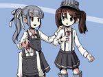  adrian_ferrer bangs brown_hair clothes_hanger collared_shirt commentary grey_hair hair_ribbon hand_on_another's_shoulder holding kantai_collection kasumi_(kantai_collection) magatama multiple_girls open_mouth pleated_skirt remodel_(kantai_collection) ribbon ryuujou_(kantai_collection) school_uniform shirt side_ponytail sidelocks skirt smile suspenders twintails visor_cap 