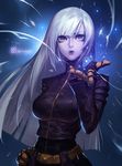  artist_name gloves glowing hand_on_hip highres kula_diamond lipstick long_hair looking_up makeup pale_skin purple_hair snow snowflakes solo the_king_of_fighters white_hair wind xiaoguimist 
