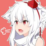  =3 animal_ears bare_shoulders detached_sleeves fang hat highres inubashiri_momiji momi_(godeb0607) open_mouth orange_background pom_pom_(clothes) red_eyes short_hair silver_hair simple_background solo tokin_hat touhou wolf_ears 