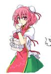  bandaged_arm bandages baozi blush bun_cover chinese_clothes commentary_request cuffs double_bun eating flower food ibaraki_kasen isaki_(gomi) looking_at_viewer oekaki pink_eyes pink_flower pink_hair pink_rose puffy_sleeves rose shackles short_hair short_sleeves solo tabard touhou 