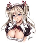  alisa_ilinichina_amiella animal_ears blue_eyes blush breasts cat_ears close-up face god_eater god_eater_burst highres large_breasts long_hair looking_at_viewer md5_mismatch silver_hair simple_background solo twintails upper_body watanuki_kaname white_background 