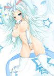 ;) animal_ears blue_eyes boots borrowed_character breasts bunny_ears covering covering_crotch forehead_jewel hair_ornament janong large_breasts long_hair looking_at_viewer navel one_eye_closed original pasties smile solo sponty thigh_boots thighhighs unaligned_breasts white_hair white_legwear 