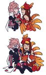  2girls armor bandaid breastplate brown_hair cape cat chocolina feathers final_fantasy final_fantasy_xiii final_fantasy_xiii-2 lightning_farron lightning_returns:_final_fantasy_xiii multiple_girls pink_hair scar yuristorm 