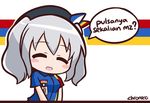  :d ^_^ alternate_costume artist_name beret blush_stickers chibi chroneco closed_eyes convenience_store employee_uniform facing_viewer hat indomaret indonesian kantai_collection kashima_(kantai_collection) long_hair open_mouth shop silver_hair smile solo translated twintails uniform 