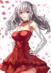  blue_eyes blush breasts choker dress elbow_gloves gloves hand_on_hip highres kantai_collection kashima_(kantai_collection) medium_breasts petals red_dress silver_hair sketch solo wenhe 