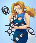  1girl blonde_hair blue_background blue_dress blue_eyes blush bow bowtie breasts cleavage deep_skin dress dropping earrings greenmarine highres jewelry lips long_hair meme mii_snowdon pokemon simple_background sleeveless solo teenage unown 