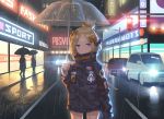  1girl abigail_williams_(fate/grand_order) bangs black_bow black_jacket blonde_hair bow car closed_mouth commentary crossed_bandaids english_commentary fate/grand_order fate_(series) ground_vehicle hair_bow hair_bun heroic_spirit_traveling_outfit holding holding_umbrella jacket long_hair long_sleeves looking_at_viewer motor_vehicle neon_lights night orange_bow outdoors parted_bangs polka_dot polka_dot_bow purple_eyes rain road sleeves_past_fingers sleeves_past_wrists solo_focus standing star street transparent transparent_umbrella umbrella yaxiya 