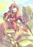  alternate_costume armor armored_boots boots fire_emblem fire_emblem_cipher fire_emblem_if gloves hairband lance official_art open_mouth pink_eyes pink_hair polearm rock sakura_(fire_emblem_if) shield shikidouji sitting solo weapon 