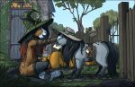  anthro black_hair brown_fur detailed_background equine fence feral flower fur furgonomics grass grey_fur hair hat hooves horse mail mailbag mammal object_in_mouth outside plant sitting sky standing stasis_delirium tree wizard_hat 