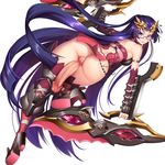  absurdres anus armor ass blue_eyes boots fat_mons from_behind futanari glasses hair_ornament high_heels highres holding holding_weapon large_penis long_hair looking_at_viewer lucknight no_testicles original penis precum purple_hair pussy semi-rimless_eyewear smile solo thighhighs thighs uncensored very_long_hair weapon 