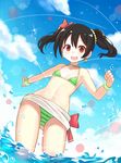  atg_(wttoo0202) bangs bikini black_hair breasts day earrings from_below green_bikini hair_ribbon jewelry looking_at_viewer love_live! love_live!_school_idol_project open_mouth outdoors red_eyes red_ribbon ribbon sarong small_breasts smile solo striped striped_bikini swimsuit teeth twintails wading water yazawa_nico 