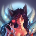  ahri animal_ears bare_shoulders black_hair blue_background breasts cleavage collarbone detached_sleeves eyebrows eyeliner facial_mark fingernails fox_ears fox_tail glowing glowing_eyes gradient gradient_background grey_background head_tilt heart hitodama korean_clothes league_of_legends lips lipstick long_hair looking_at_viewer makeup medium_breasts multiple_tails nose parted_lips portrait red_pupils sanngris smile solo tail whisker_markings yellow_eyes 