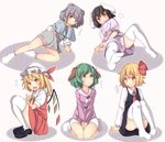  animal_ears between_legs black_hair blonde_hair bow bunny_ears capelet dog_ears flandre_scarlet green_eyes green_hair grey_hair hand_between_legs hat hat_bow heart inaba_tewi kasodani_kyouko mob_cap mouse_ears multiple_girls nazrin oimo_(imoyoukan) open_mouth red_eyes rumia sitting thighhighs touhou wariza white_legwear 