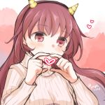  1girl akoya_(anoko_konoko) beige_sweater brown_eyes brown_hair commentary_request heart heart_hands horns kantai_collection kisaragi_(kantai_collection) long_hair lowres multicolored multicolored_background oni_horns ribbed_sweater smile solo sweater twitter_username upper_body 