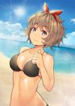  bad_id bad_pixiv_id beach bikini black_bikini blue_sky breasts brown_hair cleavage cloud commentary_request day eto_(nistavilo2) hairband highres josie_rizal lens_flare medium_breasts navel ocean outdoors purple_eyes short_hair skindentation sky solo swimsuit tekken tekken_7 very_short_hair 