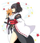  :d autumn_leaves black_hair black_wings commentary_request fan hat isaki_(gomi) japanese_clothes katana kourindou_tengu_costume long_sleeves looking_at_viewer obi oekaki open_mouth pointy_ears profile red_eyes ribbon-trimmed_sleeves ribbon_trim sash shameimaru_aya smile solo sword tokin_hat touhou upper_body weapon wide_sleeves wings 