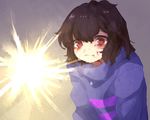  bad_id bad_twitter_id beige_background brown_eyes brown_hair crying crying_with_eyes_open dirty_face frisk_(undertale) koyashaka light light_rays red_eyes shirt simple_background solo striped striped_shirt striped_sweater sweater tears turtleneck undertale upper_body 