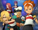  armband blonde_hair gloves goalkeeper green_eyes grin hair_over_one_eye hayabusa_hideki headband hoshifuru_kaguya inazuma_eleven_(series) inazuma_eleven_go kita_ichiban male_focus minami_juuji mizuhara_aki multiple_boys nishinosora_yoichi orange_hair pompadour purple_hair red_hair shorts smile soccer_uniform sportswear star tengawara 