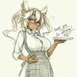  apron blonde_hair breasts dark_skin glasses hand_on_hip kantai_collection koubeya_uniform large_breasts long_hair musashi_(kantai_collection) pas_(paxiti) pointy_hair red_eyes semi-rimless_eyewear solo thank_you tray under-rim_eyewear waitress 