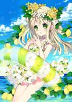  bare_shoulders blonde_hair blush cloud collarbone day dress fingers_together flower food food_print fruit green_eyes hair_flower hair_ornament head_wreath highres innertube leaf lemon long_hair ocean original rugo skirt sky solo water 