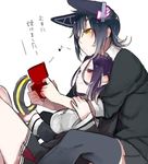  chin_on_head chin_rest eighth_note eyepatch halo_removed handheld_game_console headgear holding_handheld_game_console kantai_collection leaning_on_person mechanical_halo multiple_girls musical_note nintendo_ds playing_games purple_eyes purple_hair school_uniform short_hair shuu-0208 sitting tatsuta_(kantai_collection) tenryuu_(kantai_collection) thighhighs translated yellow_eyes 