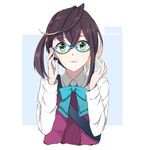  bad_id bad_twitter_id blouse blue-framed_eyewear dress glasses green_eyes kantai_collection long_sleeves looking_at_viewer morinaga_miki multicolored_hair okinami_(kantai_collection) open_mouth ribbon short_hair simple_background solo white_blouse 