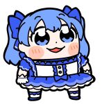  1girl :3 bangs bkub blue_bow blue_choker blue_eyes blue_footwear blue_hair blush blush_stickers bow center_frills choker clenched_hand commentary dot_nose dress eyebrows_visible_through_hair frilled_dress frilled_gloves frilled_legwear frilled_sleeves frills full_body gloves hair_bow layered_dress magical_girl nijisanji open_mouth puffy_short_sleeves puffy_sleeves shoes short_sleeves simple_background smile socks solo standing twintails virtual_youtuber white_background white_gloves white_legwear yuuki_chihiro 