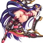  absurdres anus armor ass blue_eyes boots fat_mons from_behind glasses hair_ornament high_heels highres holding holding_weapon long_hair looking_at_viewer lucknight original purple_hair pussy semi-rimless_eyewear smile solo thigh_gap thighhighs thighs uncensored very_long_hair weapon 