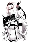  air_defense_hime artist_name black_gloves breasts cleavage commentary_request cowboy_shot gloves hair_ribbon hips horns kantai_collection ko-on_(ningen_zoo) large_breasts monochrome navel pout red_eyes revealing_clothes ribbon shinkaisei-kan solo suspenders twitter_username underboob white_hair white_skin 