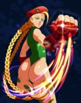  1girl ahoge ass beret blonde_hair blue_eyes braid cammy_white capcom hat kitsune23star leotard long_hair looking_at_viewer parted_lips solo street_fighter tattoo twin_braids 