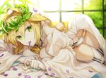  ahoge ass bangs belt between_breasts blonde_hair blurry breast_press breasts chain cleavage depth_of_field detached_sleeves dress fate/extra fate/extra_ccc fate/grand_order fate_(series) gloves green_eyes hair_between_eyes head_wreath heart heart_print holding large_breasts leaf lock long_hair looking_at_viewer lying mouth_hold nero_claudius_(bride)_(fate) nero_claudius_(fate)_(all) on_side padlock panties petals puffy_sleeves see-through smile solo thighhighs underwear veil white_dress white_gloves white_legwear white_panties white_sleeves wide_sleeves window wowishi 