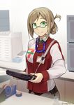  7-eleven alternate_costume bangs black_legwear brown_hair cashier employee_uniform folded_ponytail glasses green_eyes hinami_(hinatamizu) kantai_collection katori_(kantai_collection) lanyard looking_at_viewer md5_mismatch pantyhose parted_bangs smile solo twitter_username uniform 