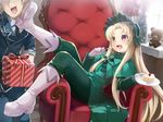  1girl armchair blonde_hair boots cake chair dress eating flower food fork gift gloves green_dress green_legwear hairband head_out_of_frame kaitou_tenshi_twin_angel kicking kouzu_shou lolita_hairband long_hair military military_uniform purple_eyes salome_(twin_angel_3) slice_of_cake strawberry_shortcake stuffed_animal stuffed_toy teddy_bear twin_angel uniform very_long_hair 