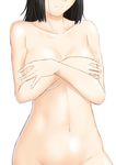  black_hair breasts cleavage closed_mouth collarbone covering covering_breasts groin head_out_of_frame highres medium_breasts navel niwatazumi nude original out-of-frame_censoring short_hair simple_background sketch smile solo stomach white_background 