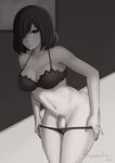  breasts cleavage commentary flaccid futanari greyscale hair_over_one_eye highres looking_at_viewer medium_breasts monochrome navel original panties panty_pull parted_lips penis pubic_hair razalor short_hair smile solo testicles underwear underwear_only undressing 