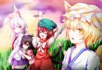  :o animal_ears arms_up black_hair black_legwear blonde_hair blush bow bowtie brown_hair bunny_ears carrot carrot_necklace cat_ears cat_tail chen cloud cloudy_sky collarbone collared_shirt colored_eyelashes cowboy_shot dress earrings fang field fox_tail frown grass green_hat hat inaba_tewi japanese_clothes jewelry kimono long_hair looking_at_viewer looking_down multiple_girls multiple_tails necklace necktie nekomata nyaku open_mouth orange_eyes outdoors peeking pendant pink_dress plant pleated_skirt puffy_short_sleeves puffy_sleeves purple_skirt red_eyes red_neckwear reisen_udongein_inaba shirt short_hair short_sleeves skirt sky standing stretch sunset tail thighhighs touhou tsurime two_tails upper_body wavy_mouth white_bow white_neckwear white_shirt wince yakumo_ran yellow_eyes zettai_ryouiki 