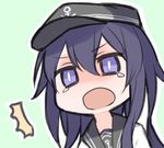  1girl akatsuki_(kantai_collection) blush ganesagi hat kantai_collection long_hair lowres md5_mismatch open_mouth purple_eyes purple_hair school_uniform serafuku solo tears 