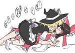  bad_id bad_pixiv_id bare_shoulders blonde_hair blush bow brown_hair commentary detached_sleeves eye_contact flirting girl_on_top hair_bow hair_tubes hakurei_reimu hammer_(sunset_beach) hat imminent_kiss kirisame_marisa long_hair looking_at_another multiple_girls sketch skirt skirt_set touhou translated wide_sleeves yuri 