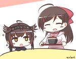  2girls ^_^ ahoge anchor_symbol artist_name black_eyes blush_stickers bow bowl breasts brown_hair closed_eyes clothes_writing commentary_request expressive_hair flapping food gloves hachimaki hair_bow hair_flaps hair_ornament hair_ribbon hairband hairclip hatsuzuki_(kantai_collection) headband kantai_collection kappougi long_hair long_sleeves mamiya_(kantai_collection) medium_breasts multiple_girls open_mouth ponytail rexlent ribbon school_uniform short_hair smile sparkle sparkling_eyes star star-shaped_pupils symbol-shaped_pupils table translated tray 